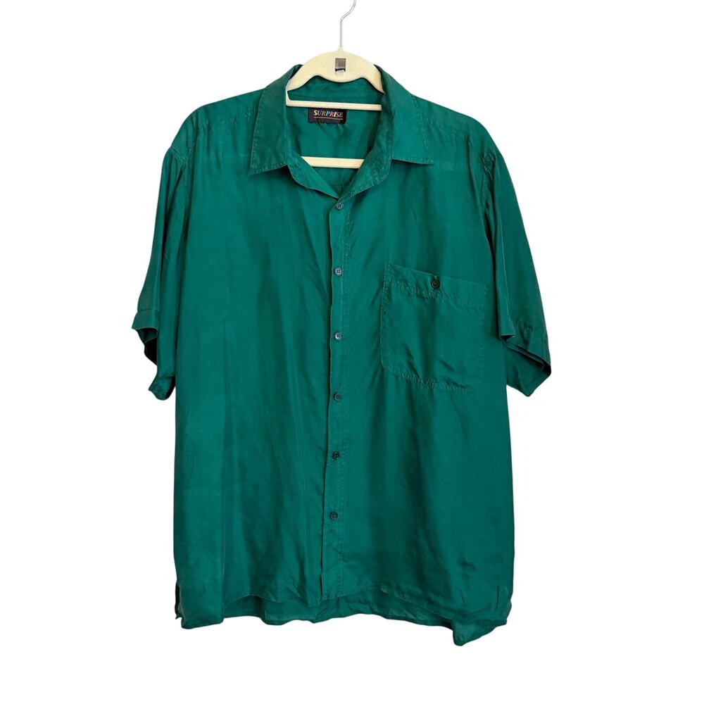 Vintage Surprise Mens Button Up Shirt L Green Preppy Casual Work Xmas Holiday